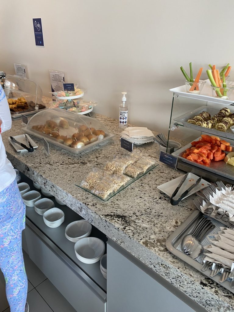a buffet table with food on it