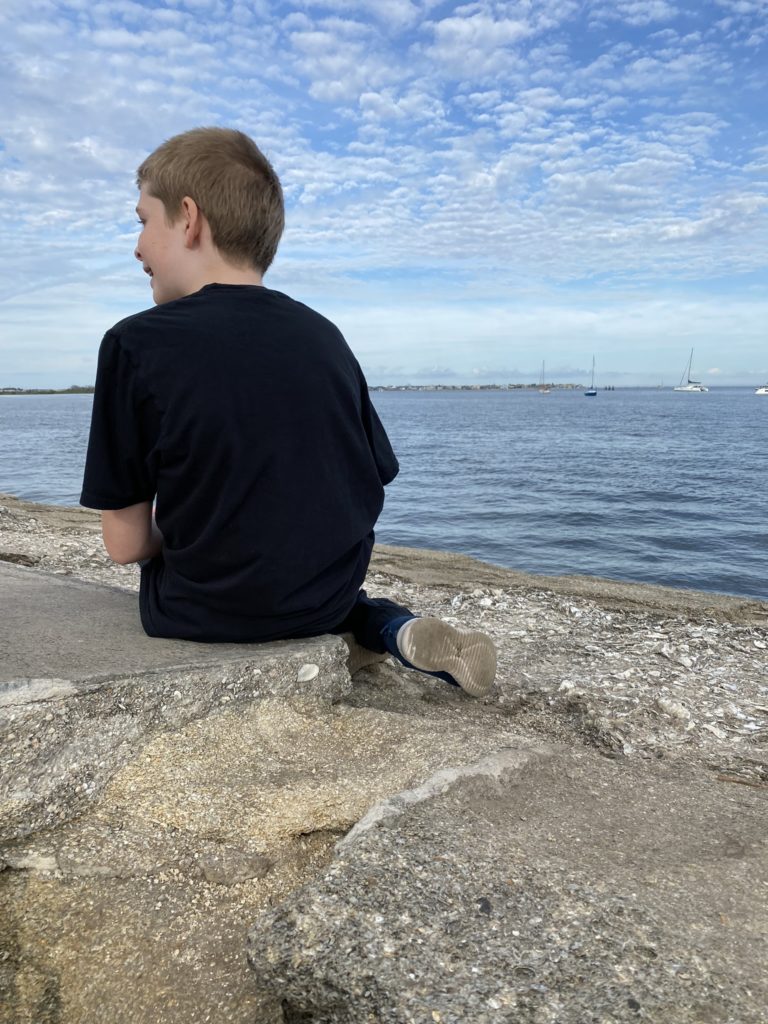 a boy sitting on a rock ledge overlooking water