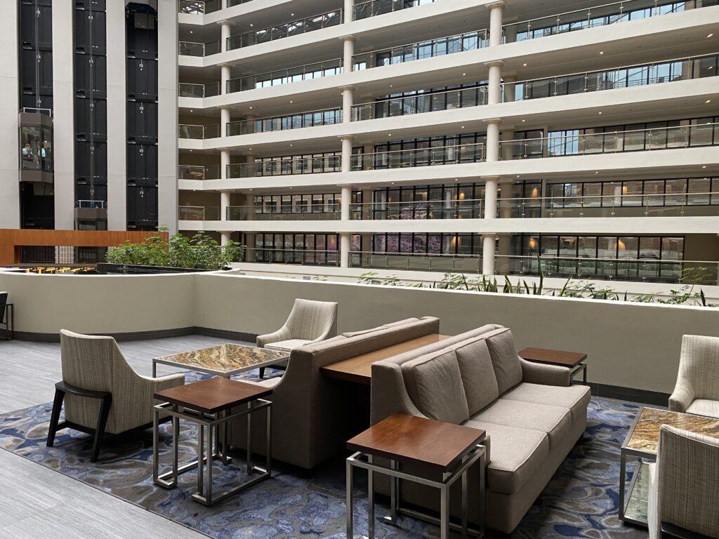 a couches and tables in a building