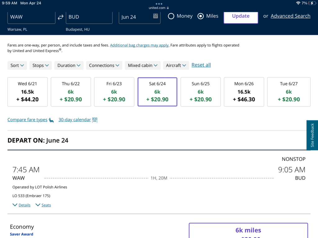 screens screenshot of a flight schedule