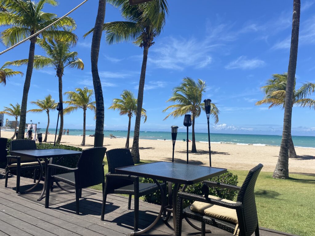 a table and chairs on a deck with palm trees and a beach