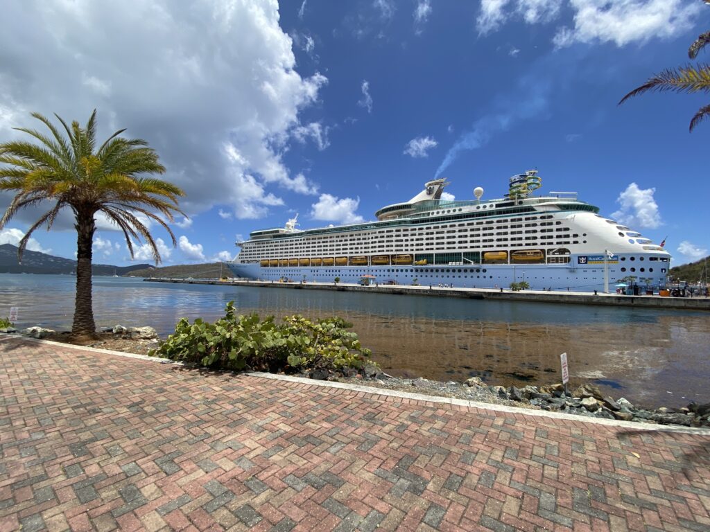 a cruise ship docked in the water
