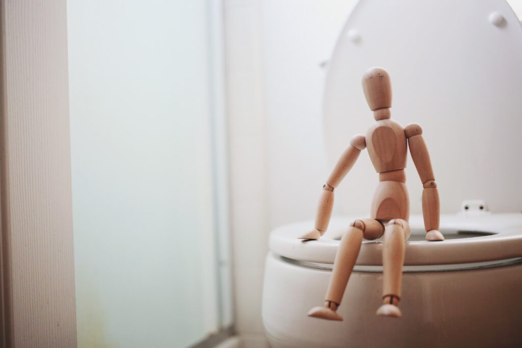 a wooden doll sitting on a toilet