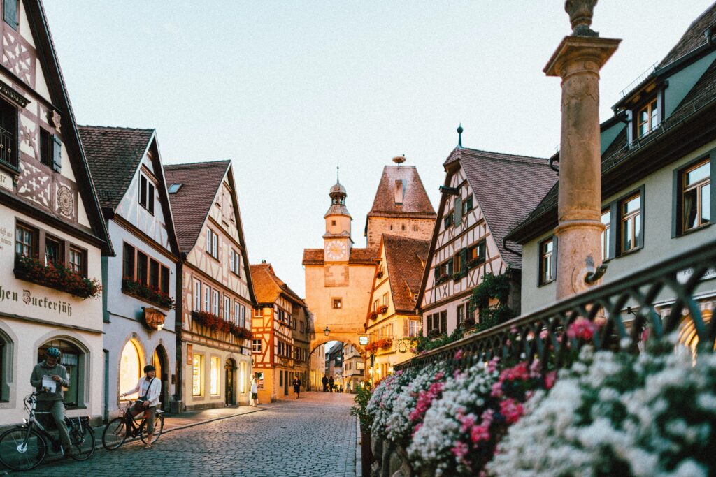 a street with buildings and flowers