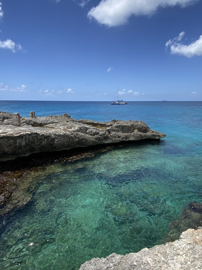 a rocky shore with a boat in the distance