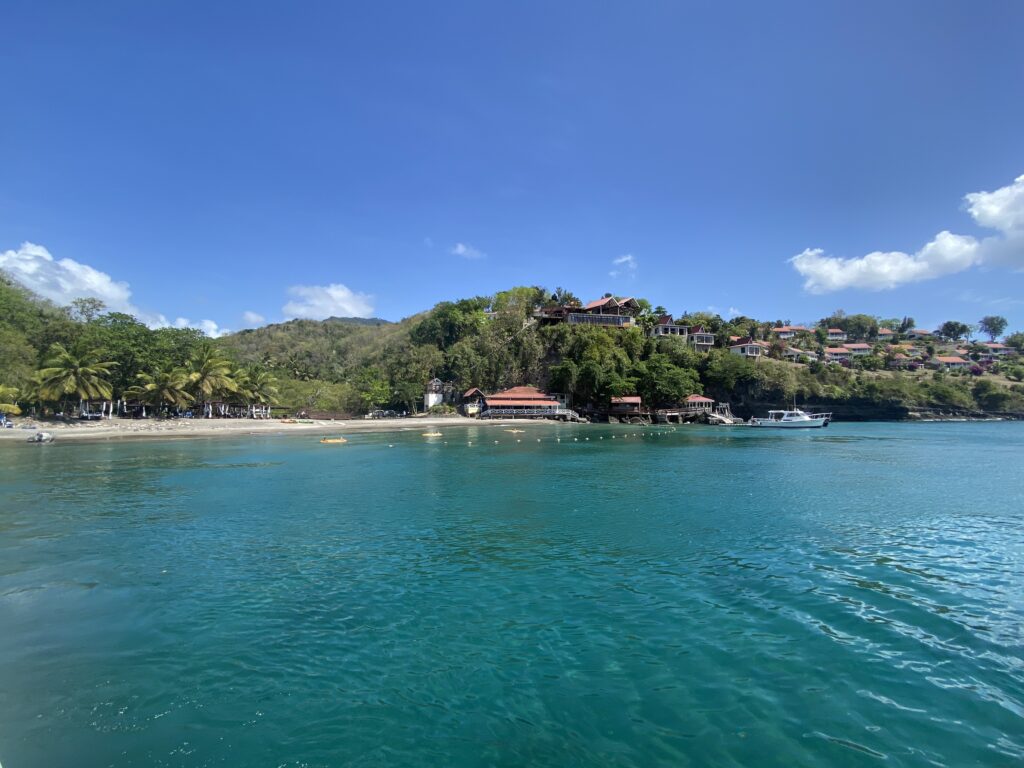a body of water with houses and trees