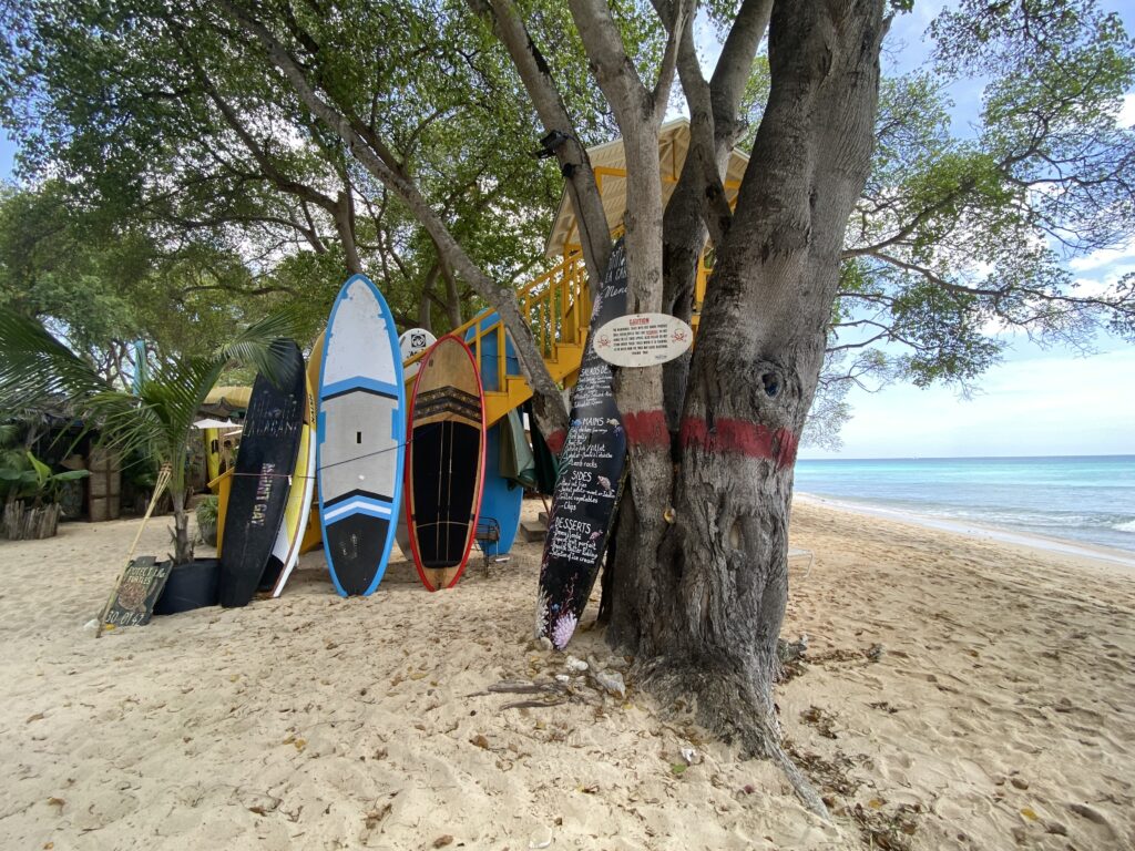 a group of surfboards on a beach