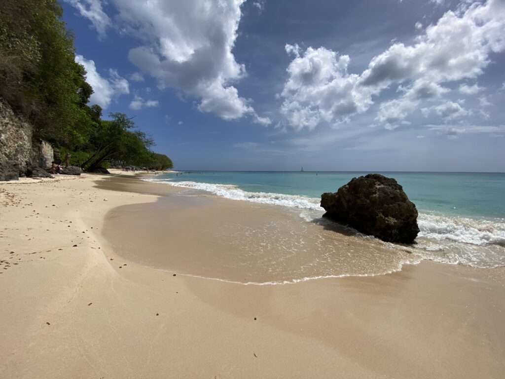 a beach with a large rock on the shore