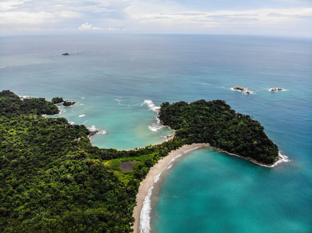 an aerial view of a beach with trees and water