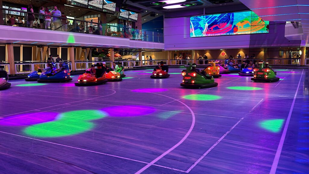 a group of bumper cars on a court