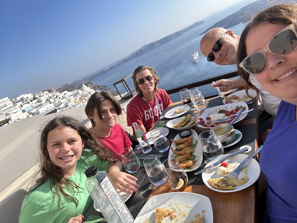a group of people eating outside