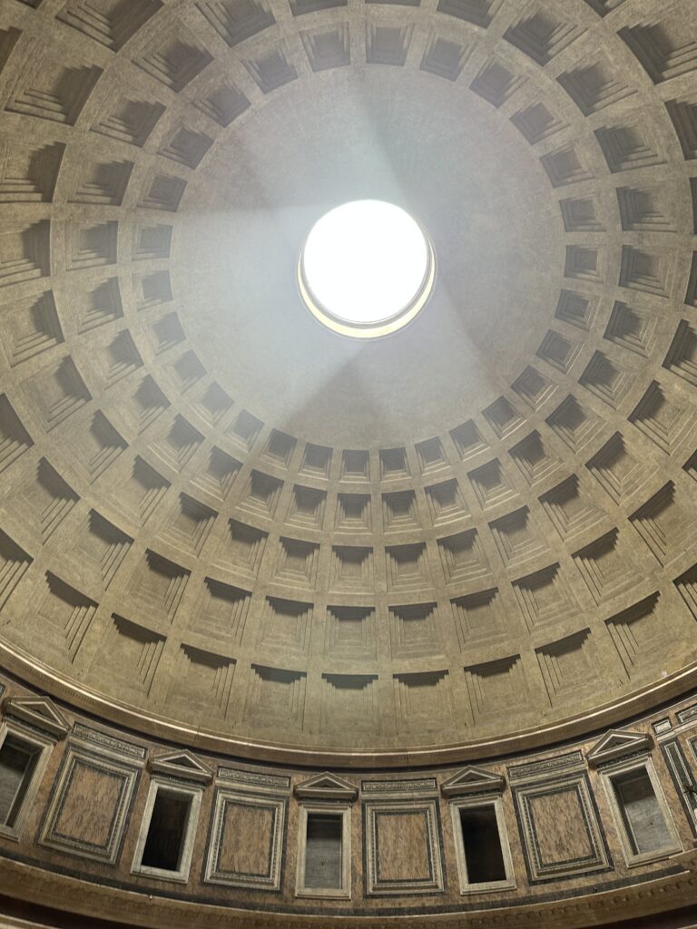 a light shining through a dome with Pantheon, Rome in the background