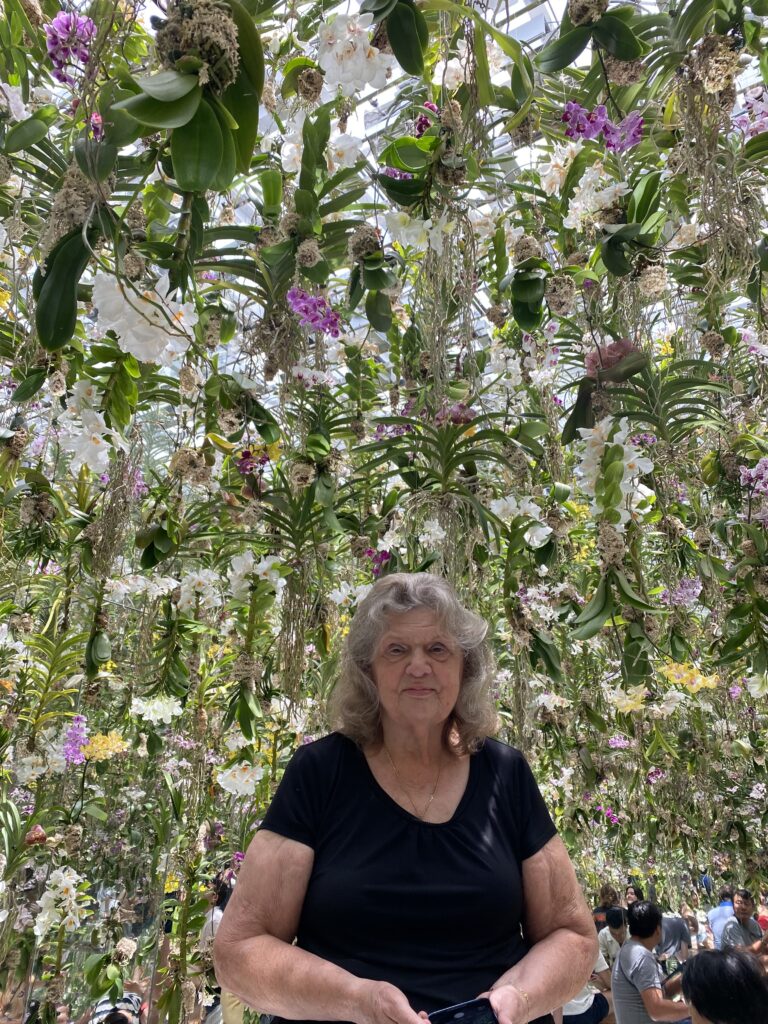 a woman standing under a canopy of flowers