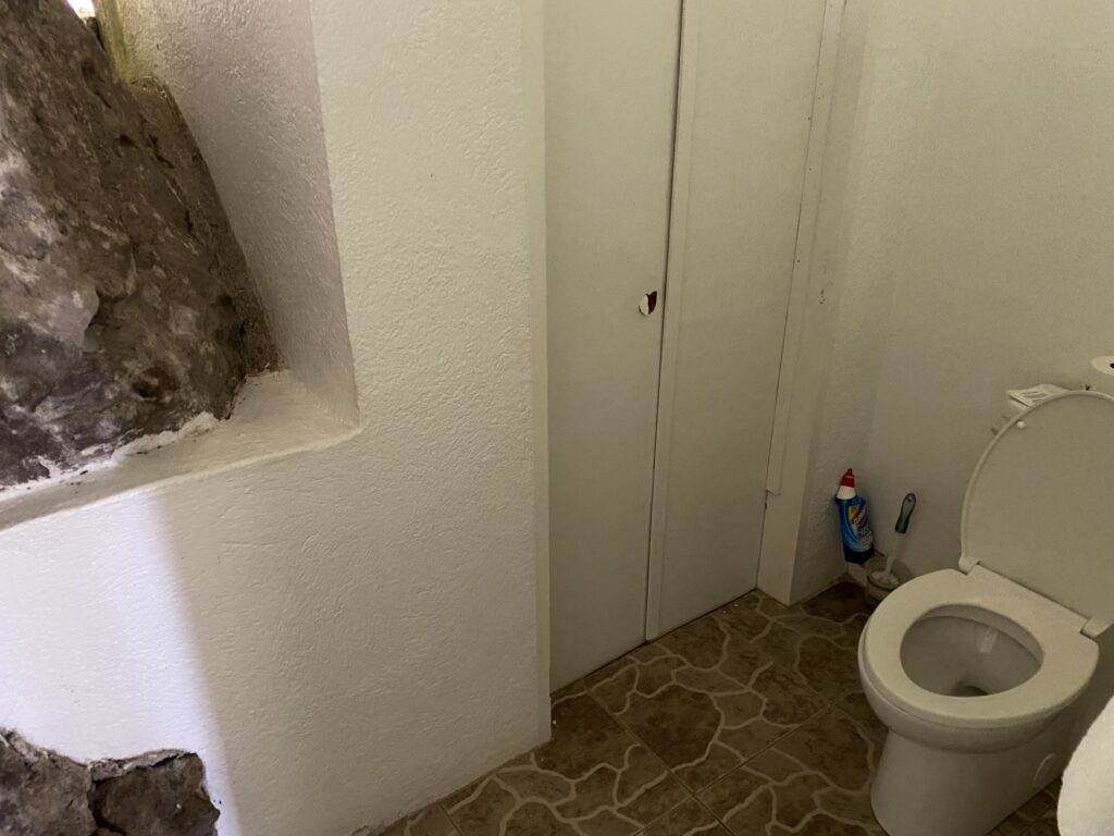 a bathroom with a toilet and a window