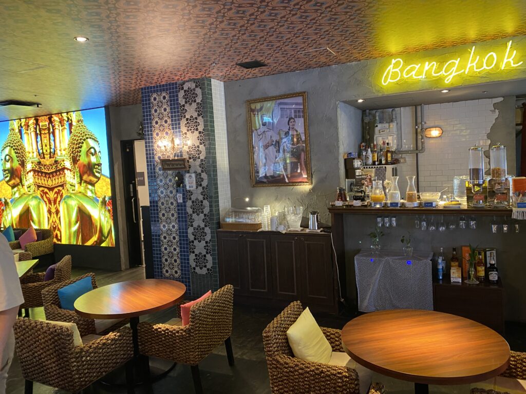 a room with tables and chairs