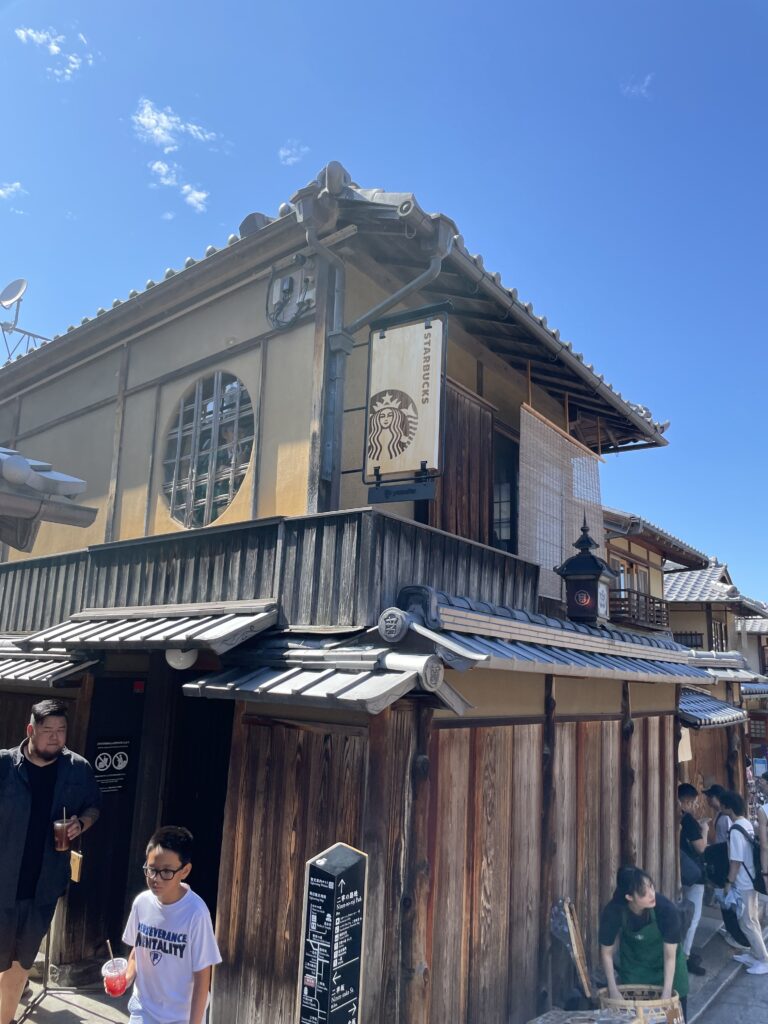 a building with people walking around