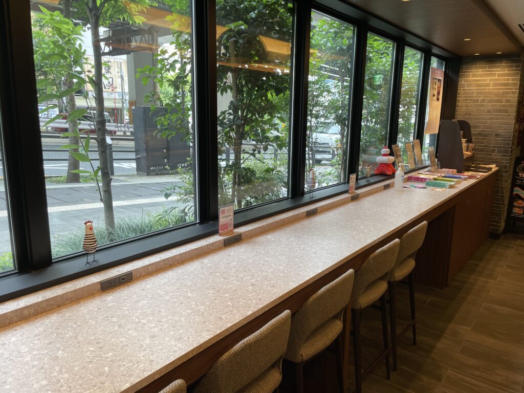 a long counter with chairs and a window