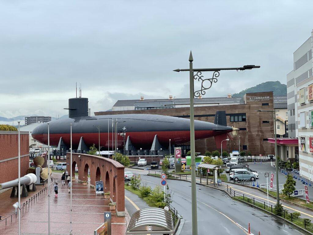 a submarine in a city