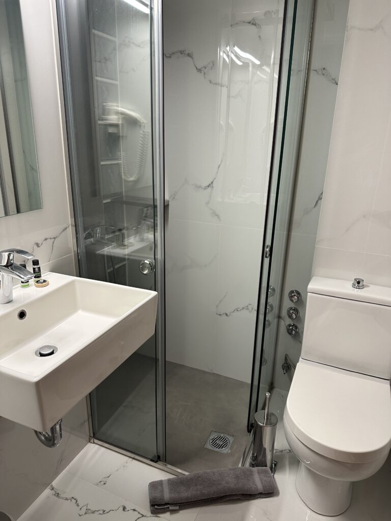 a bathroom with a shower and sink