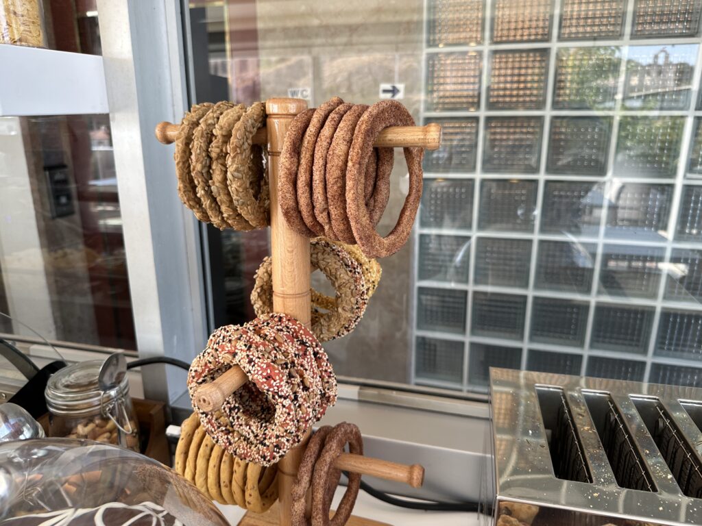 a rack of bagels on a counter