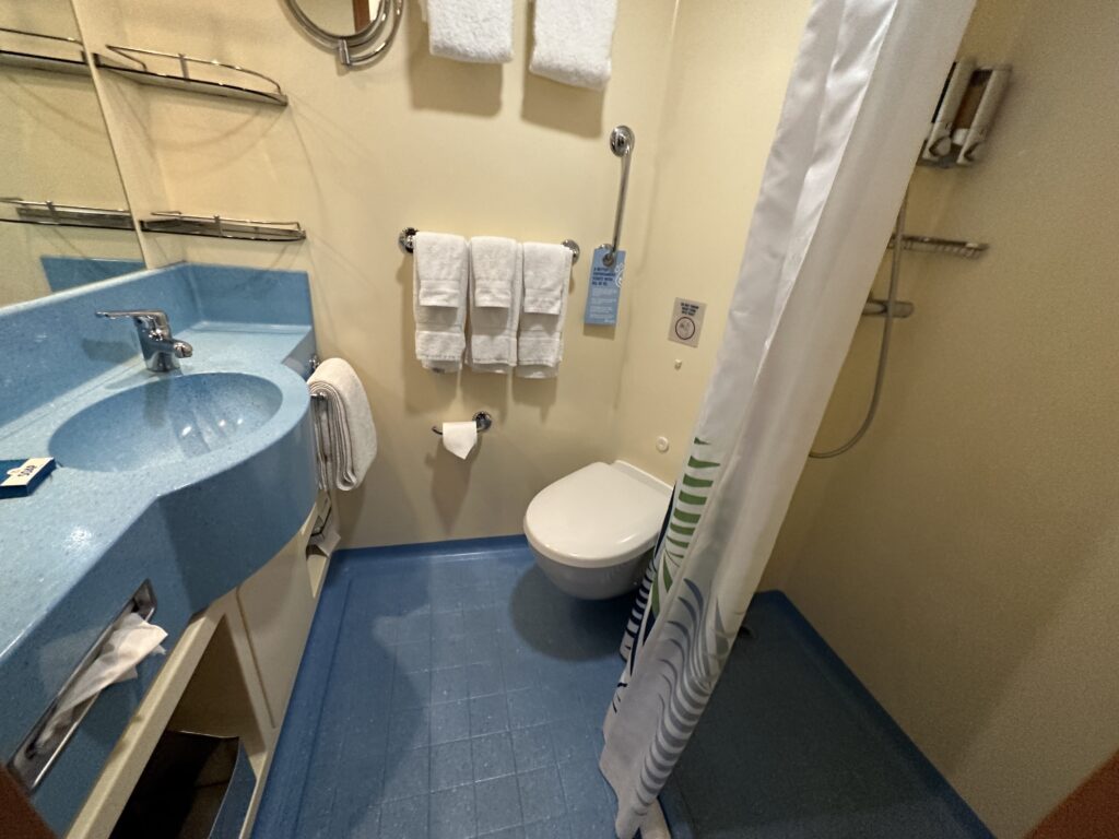 a bathroom with a blue sink and toilet