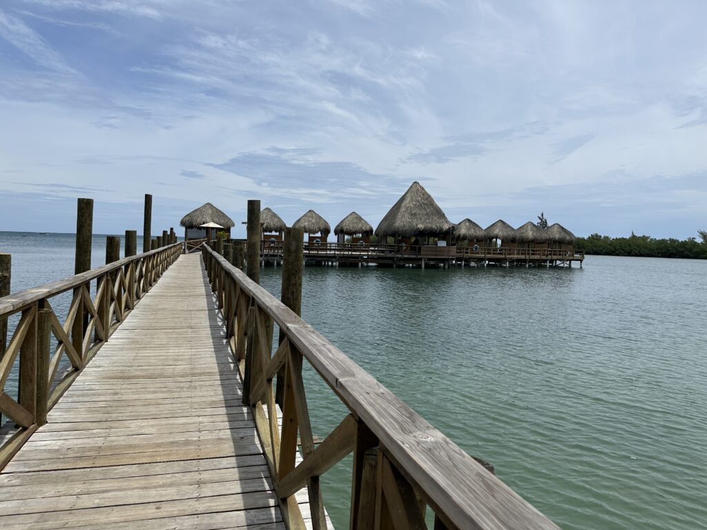 a wooden walkway over water with straw huts on it