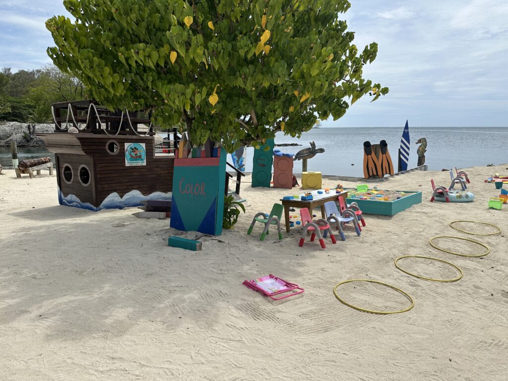 a playground with a tree and toys on the beach