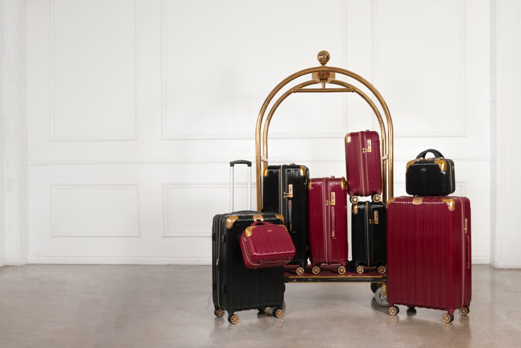a group of luggage on a cart