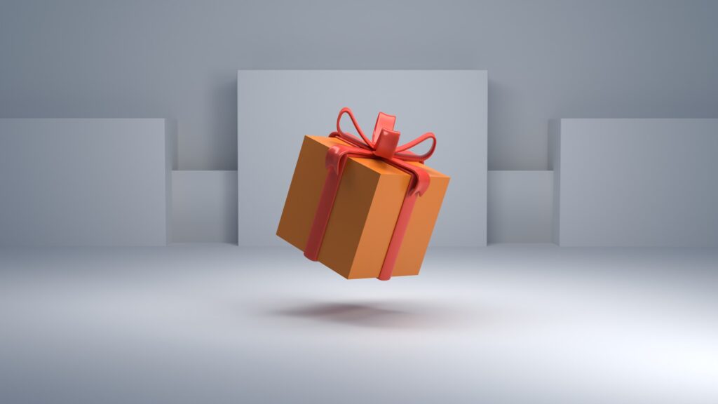 a box with a red ribbon