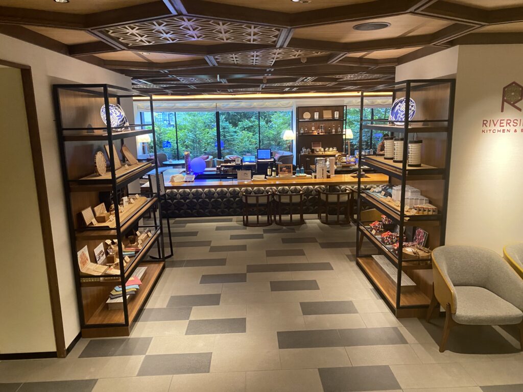 a room with shelves and a table