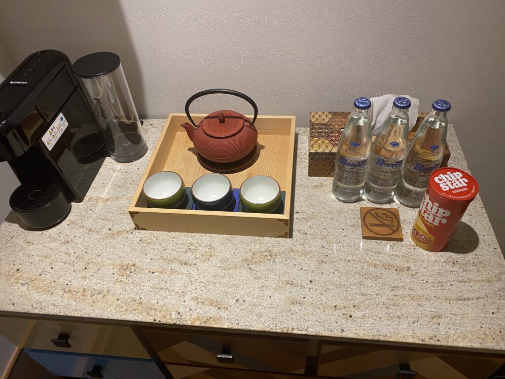 a tea set on a counter