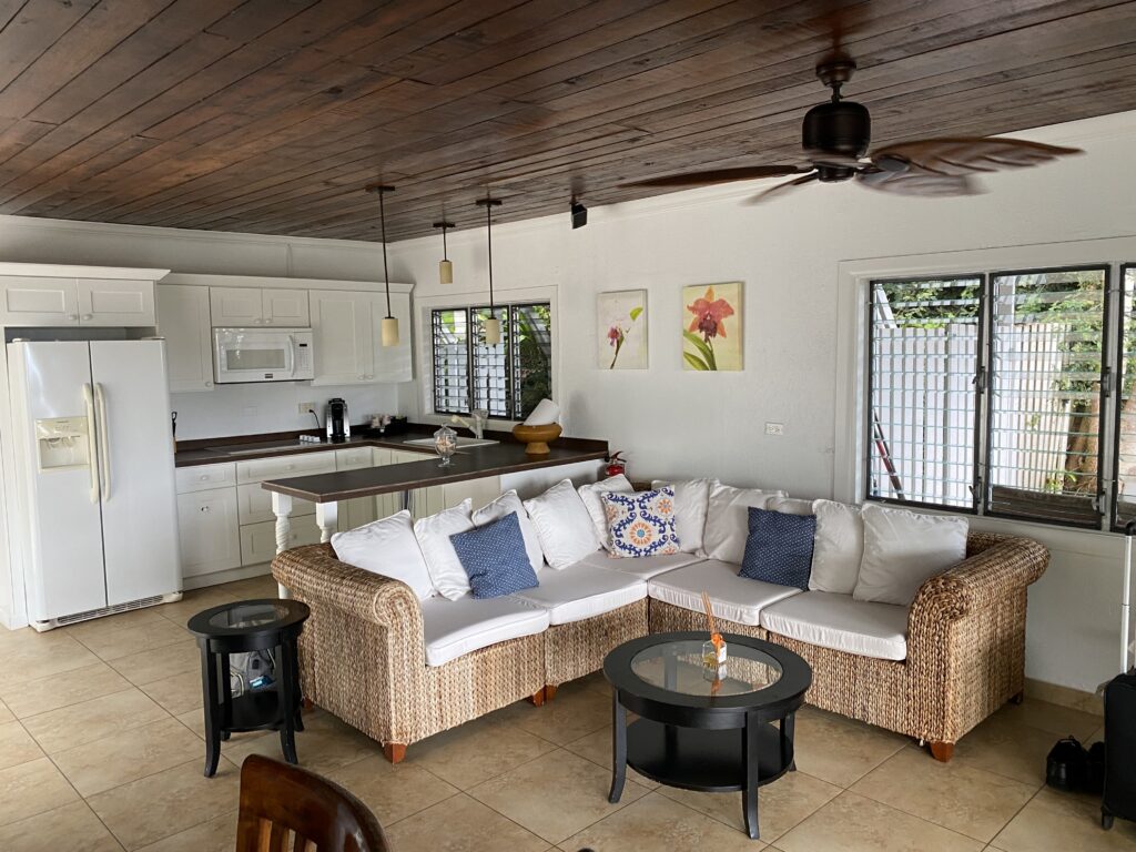 a living room with a couch and a kitchen