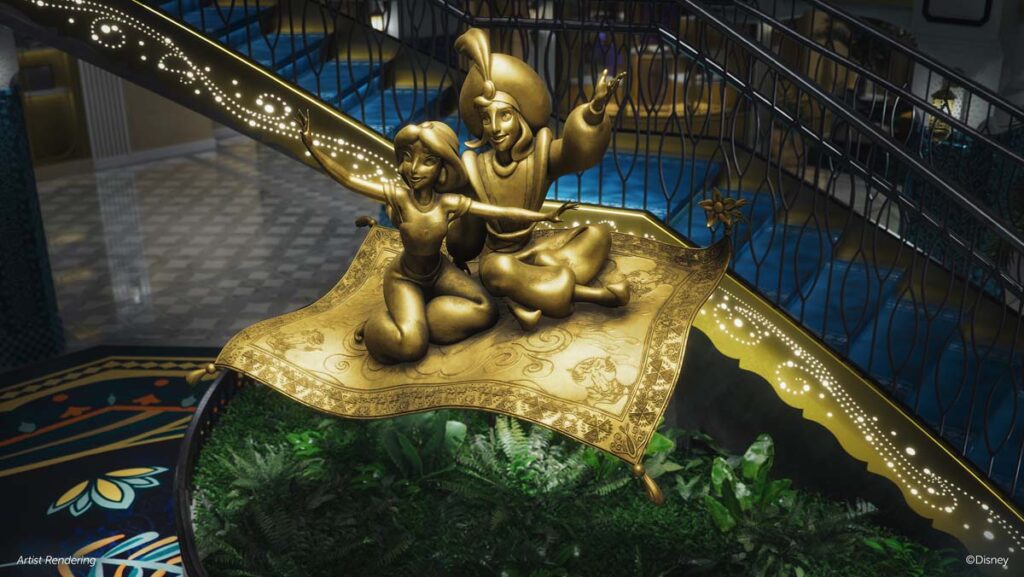 a statue of a woman and a man on a carpet