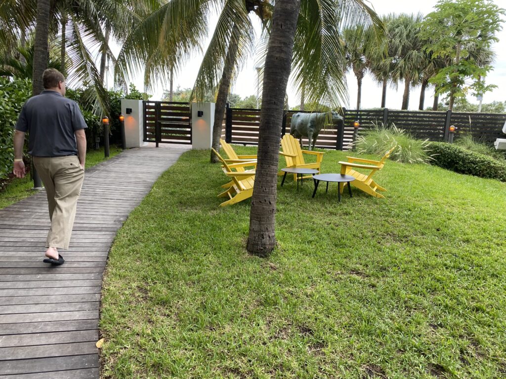a man standing on a path with yellow chairs and a statue of a cow