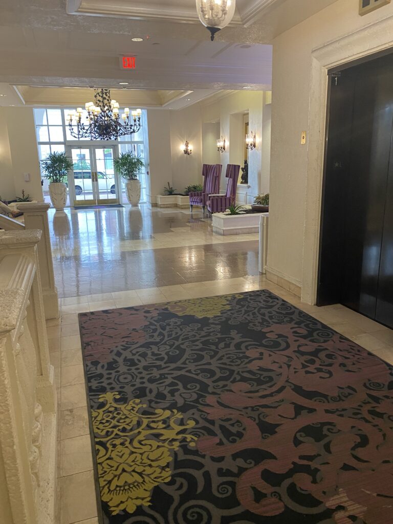 a hallway with a rug and chairs