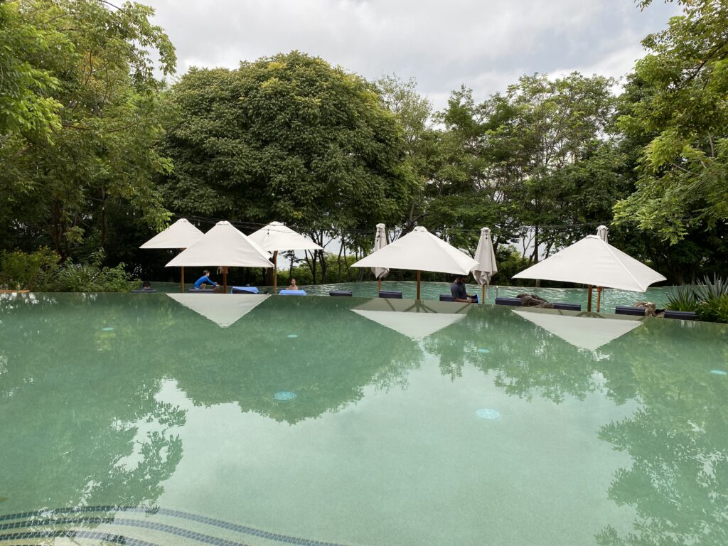 a pool with umbrellas and people sitting under umbrellas