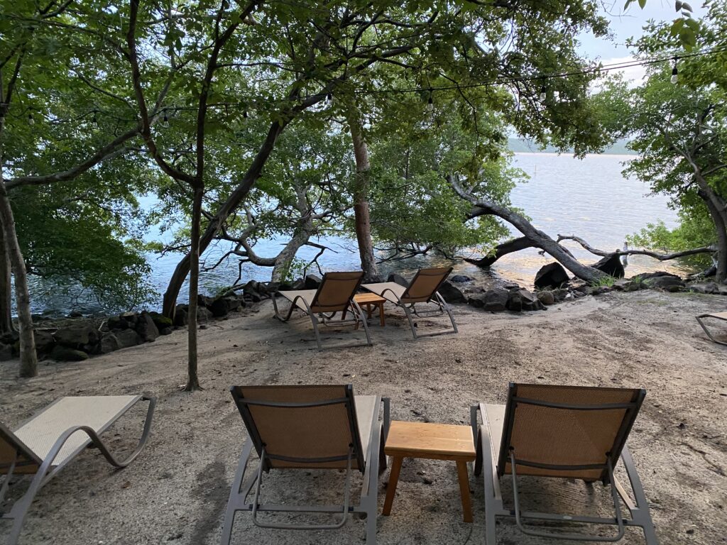 chairs on a beach by a body of water