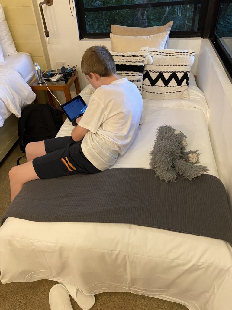a boy sitting on a bed with a laptop