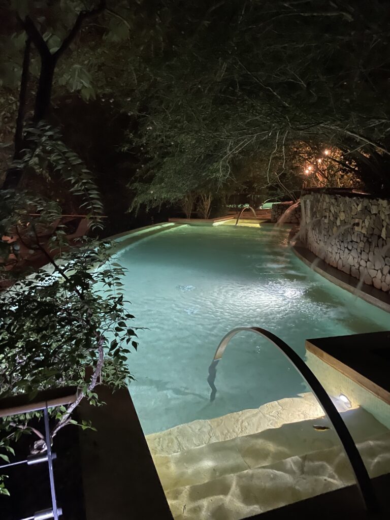 a pool with a staircase and trees at night
