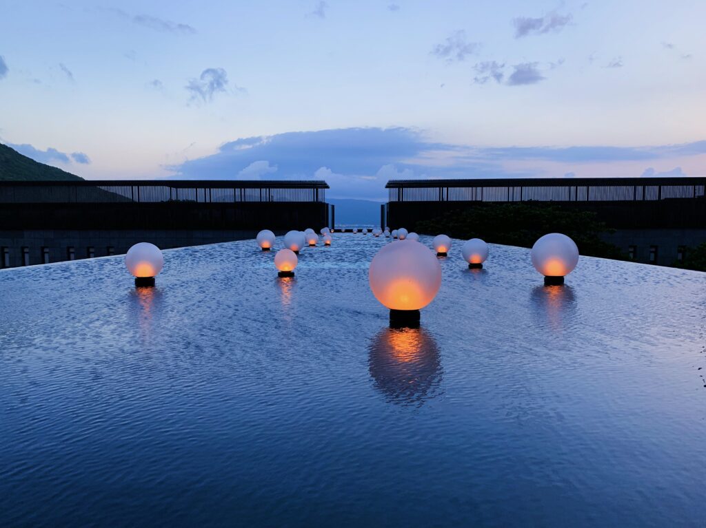 a pool with lights on it