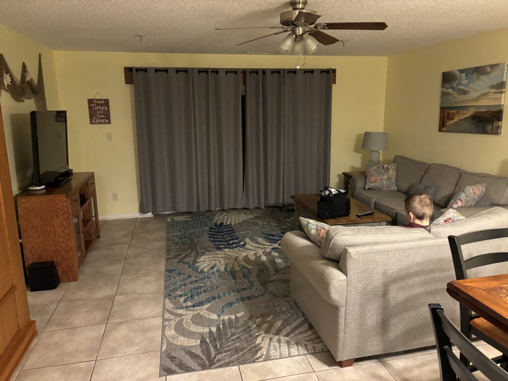 a boy sitting on a couch in a living room