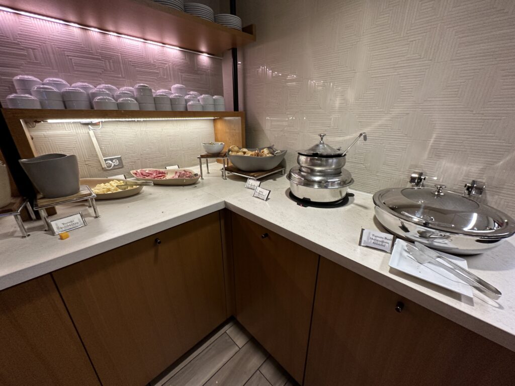 a buffet table with food on it