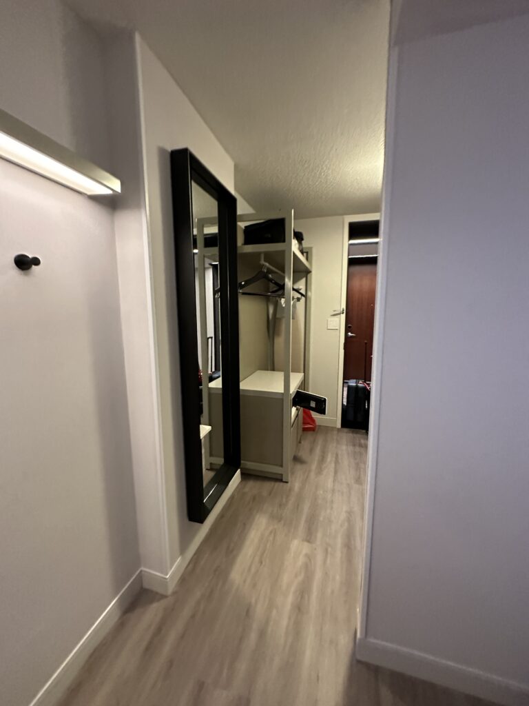 a hallway with a mirror and a closet