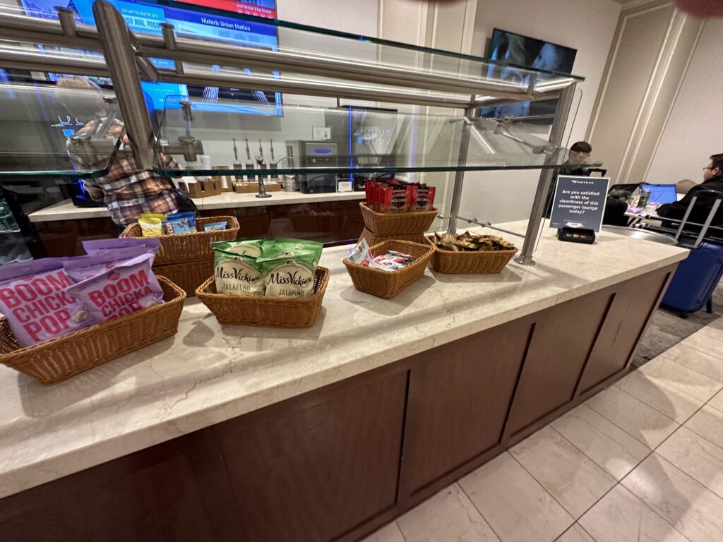 a counter with baskets of food