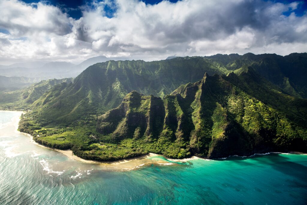 a aerial view of a tropical island