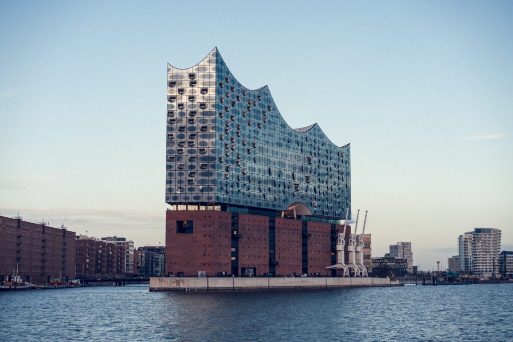 a building next to water