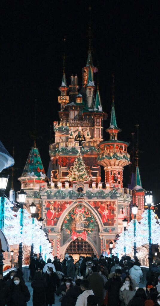 a castle with lights and decorations