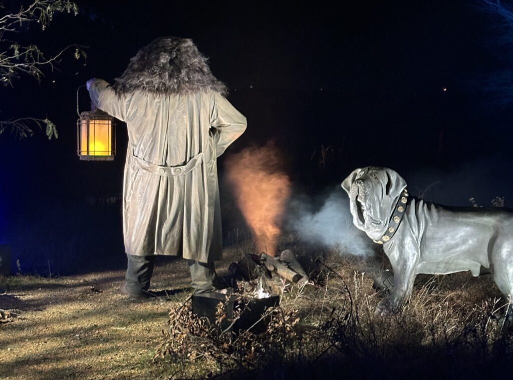 a man in a robe standing next to a dog and a lantern