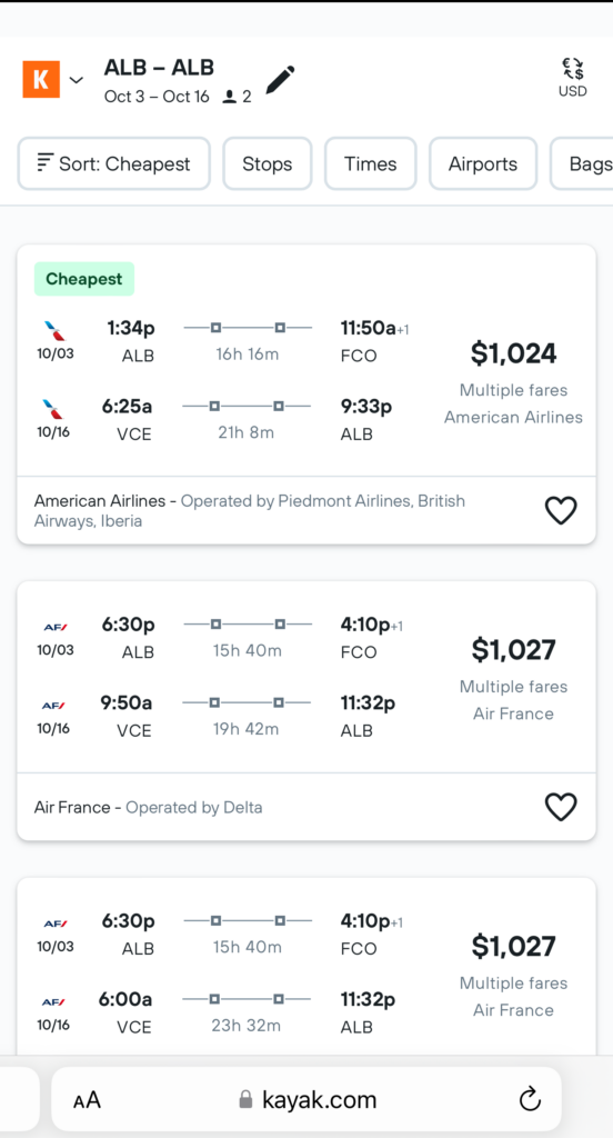 screens screenshot of a flight schedule