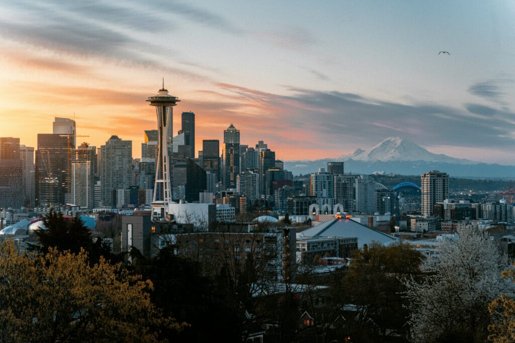 a city skyline with a mountain in the background